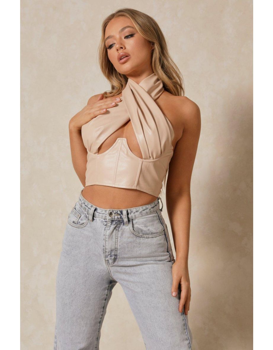Premium Leather Look Cross Over Corset Top
