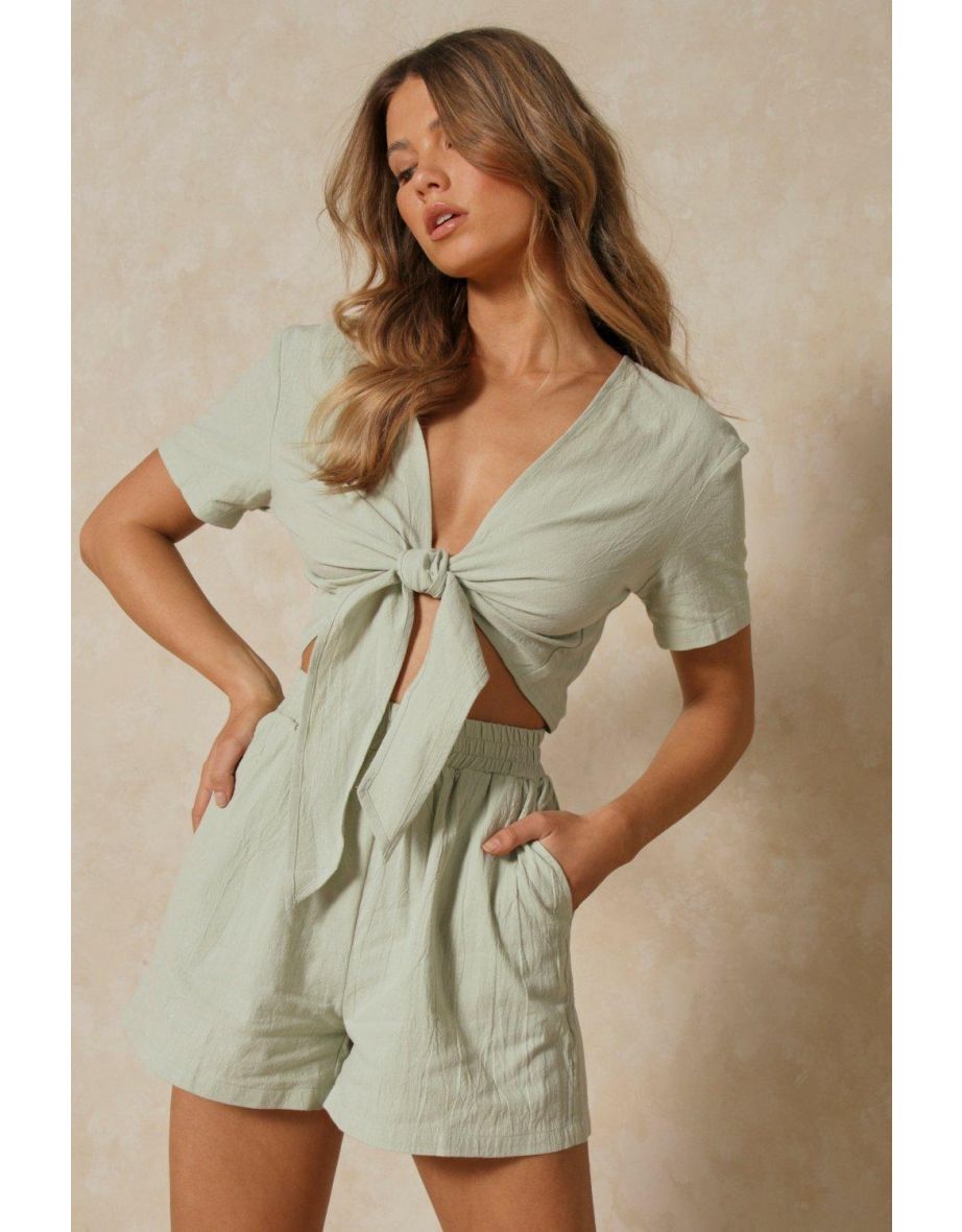 Textured Linen Cropped Tie Front Shirt
