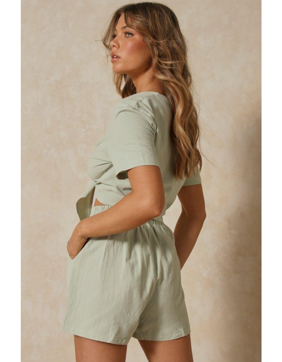 Textured Linen Cropped Tie Front Shirt - 2