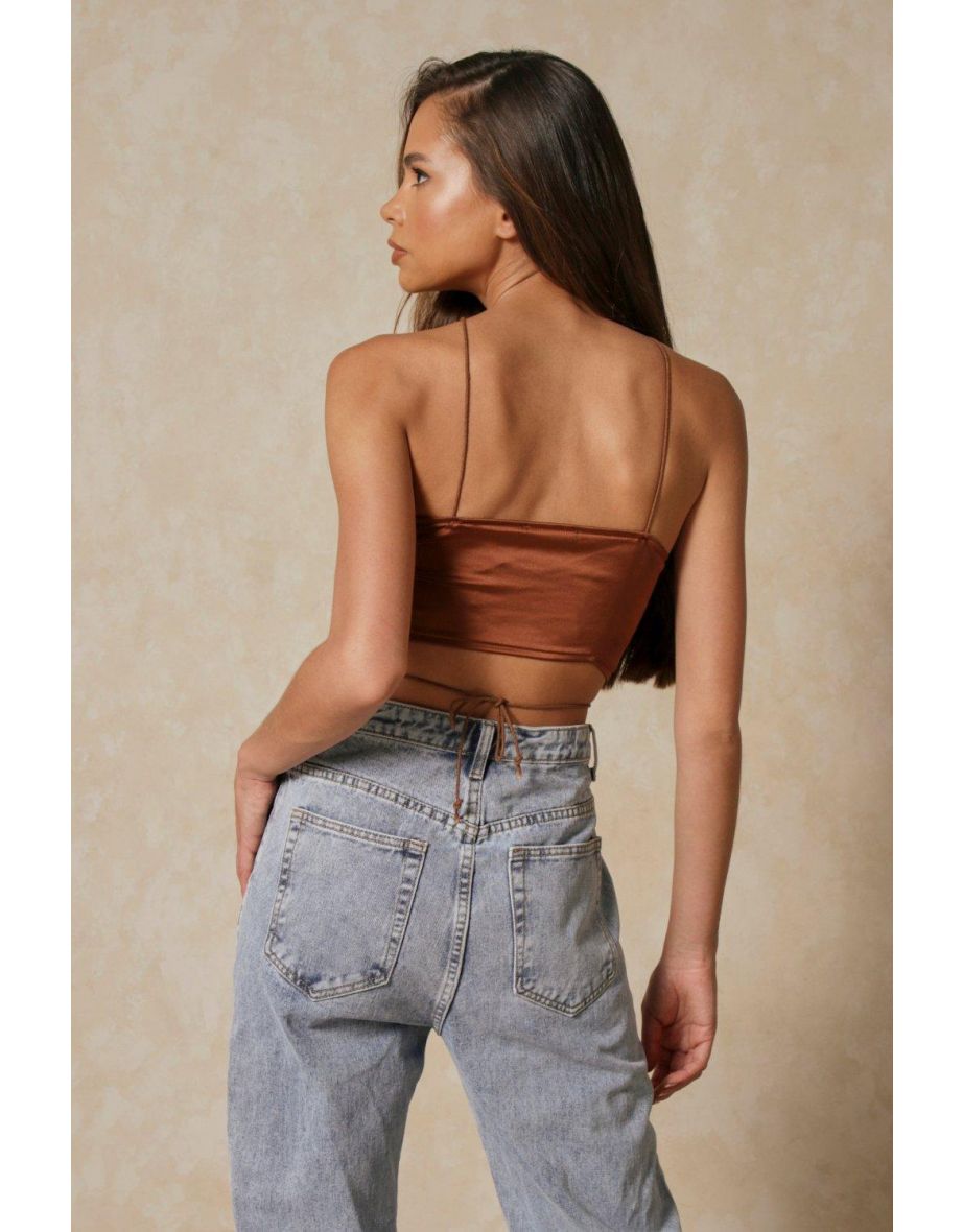 Satin Skinny Strap Lace Up Crop Top - 2