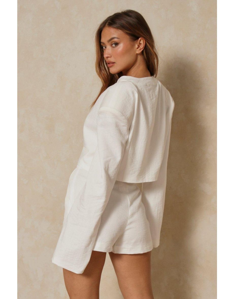 Tia Premium Linen Collarless Cropped Blazer - 2