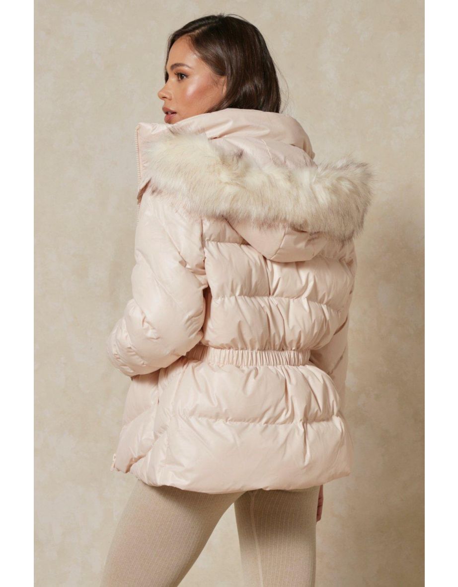 Gathered Waist Faux Fur Hooded Puffer Coat - 2