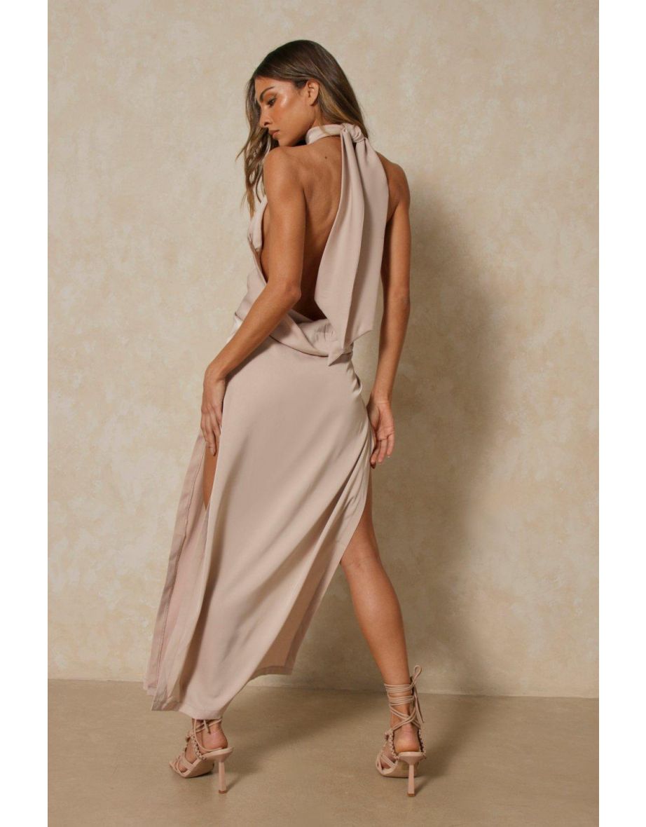 Premium Satin High Neck Draped Maxi Dress - 2