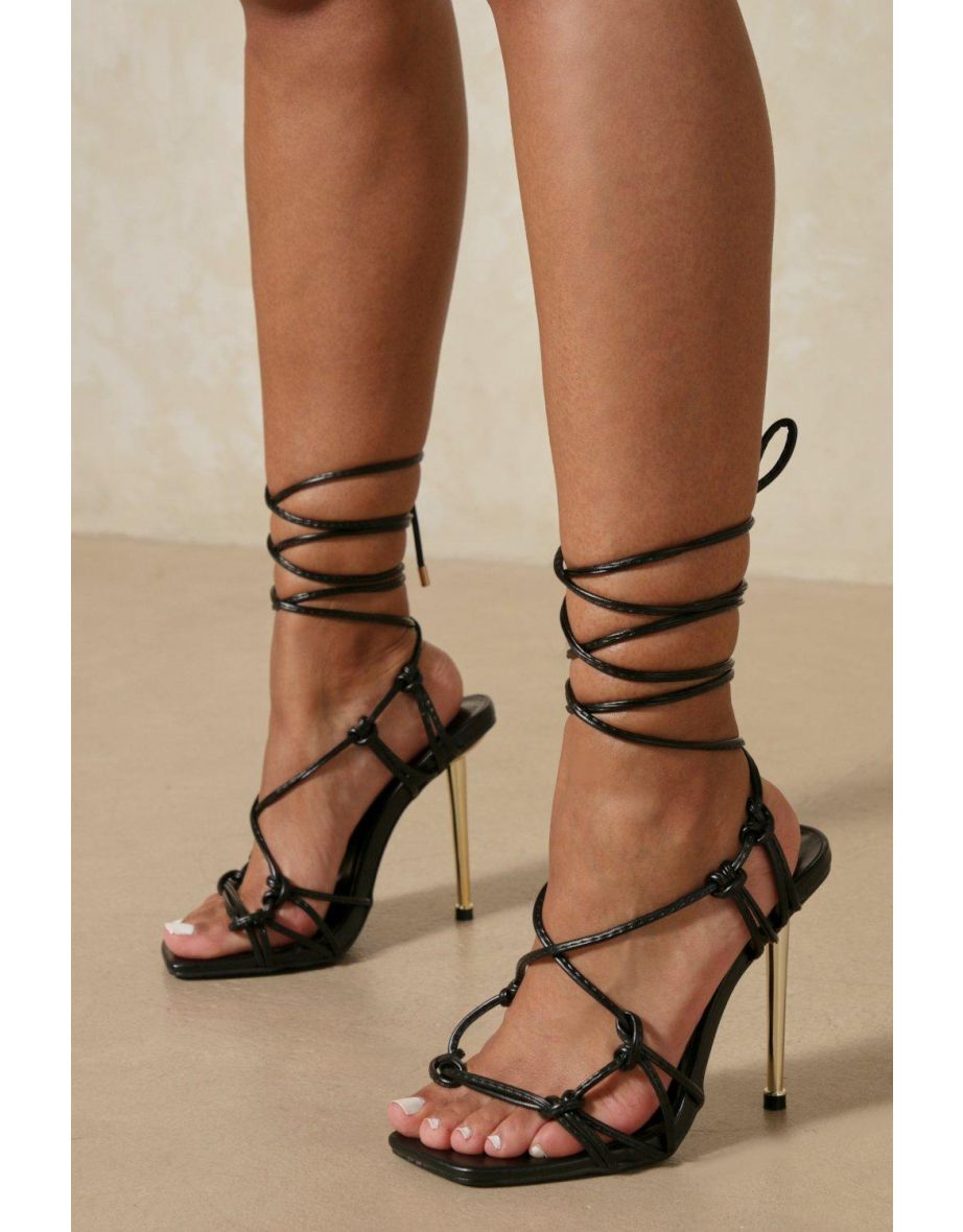 Metal Heel Tie Up Square Toe High Heels