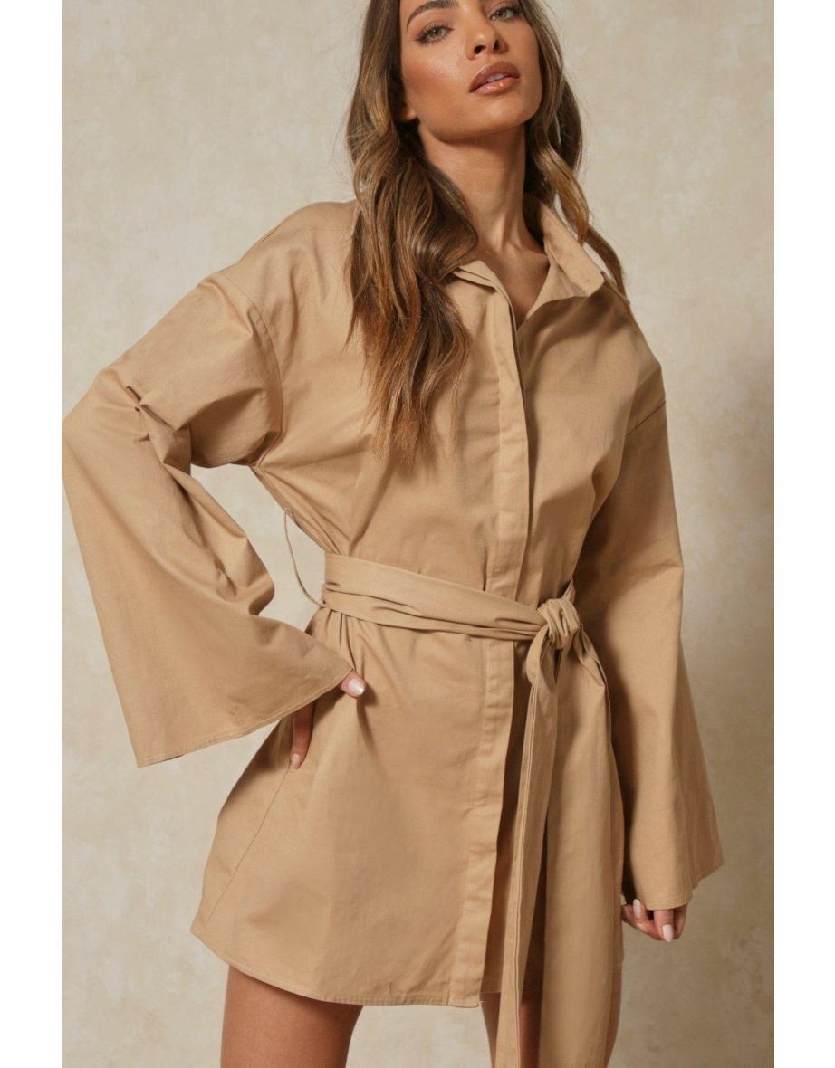 Kimono Sleeve Oversized Belted Shirt Dress