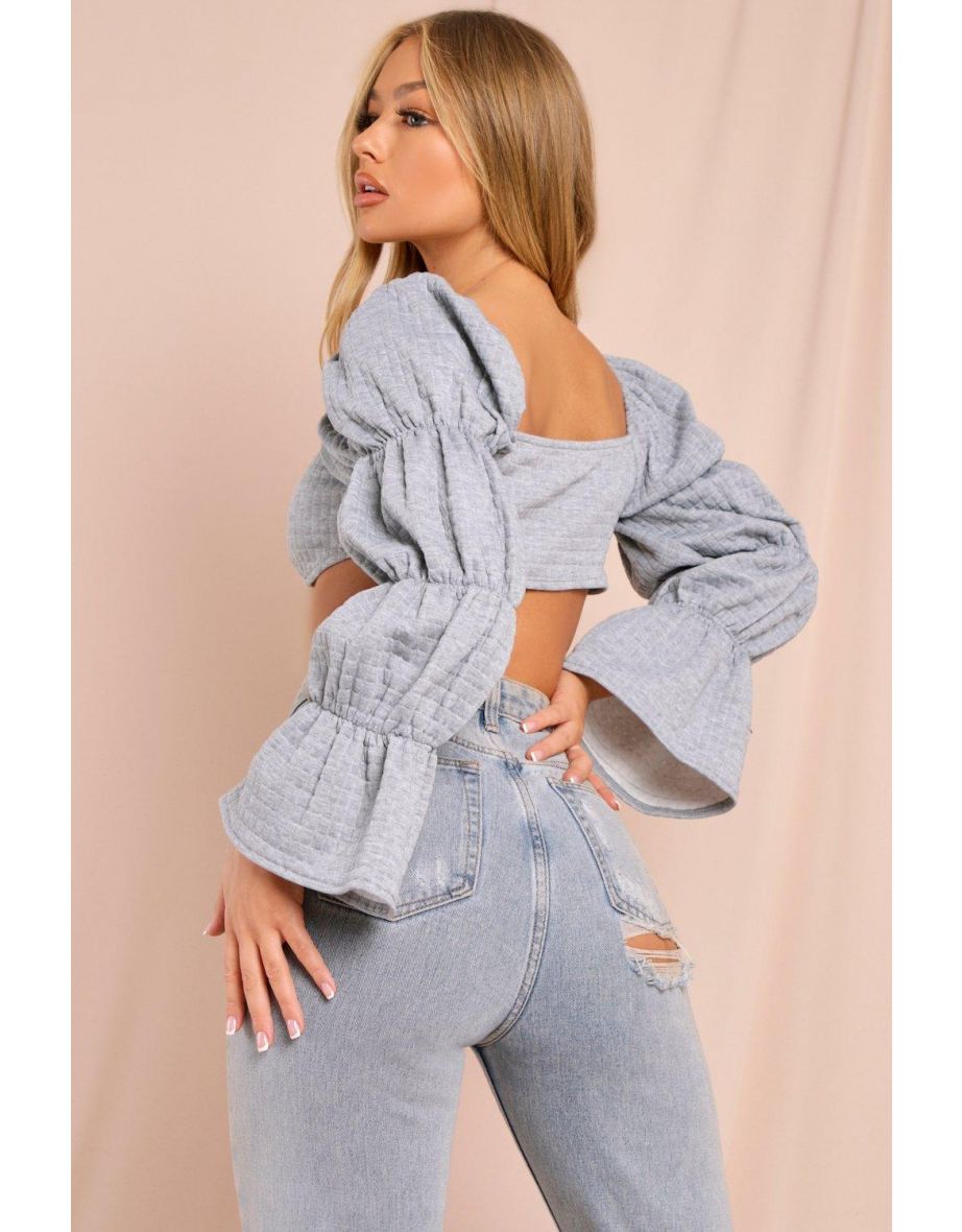 Quilted Underboob Puff Sleeve Crop Top - 2