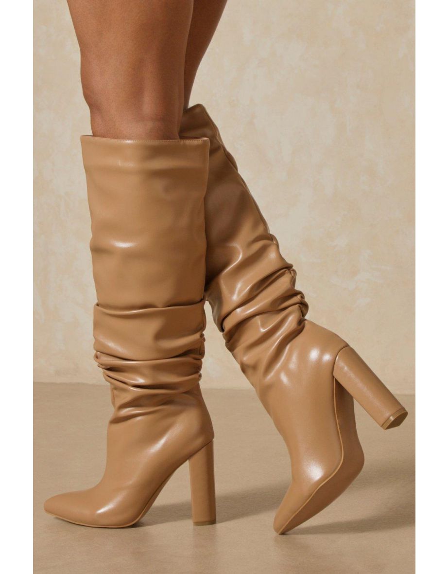 Leather Look Pointed Block Heel Boots