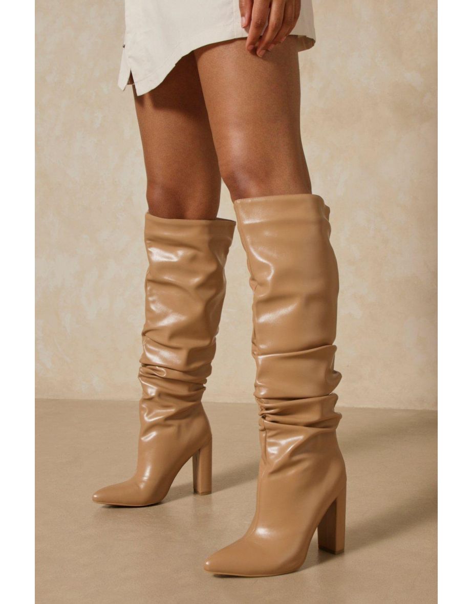 Leather Look Pointed Block Heel Boots - 2