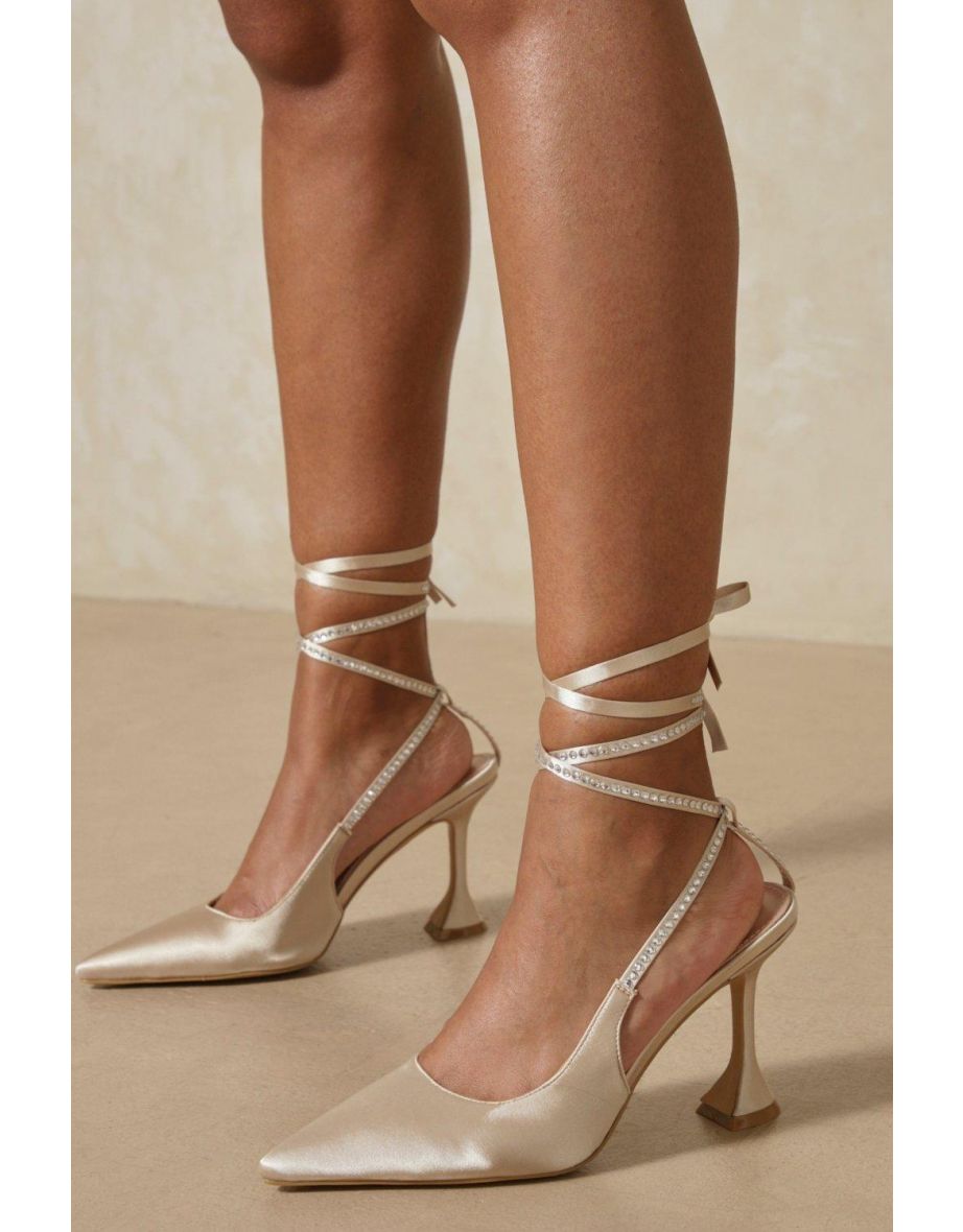 Satin Diamante Tie Up High Heels