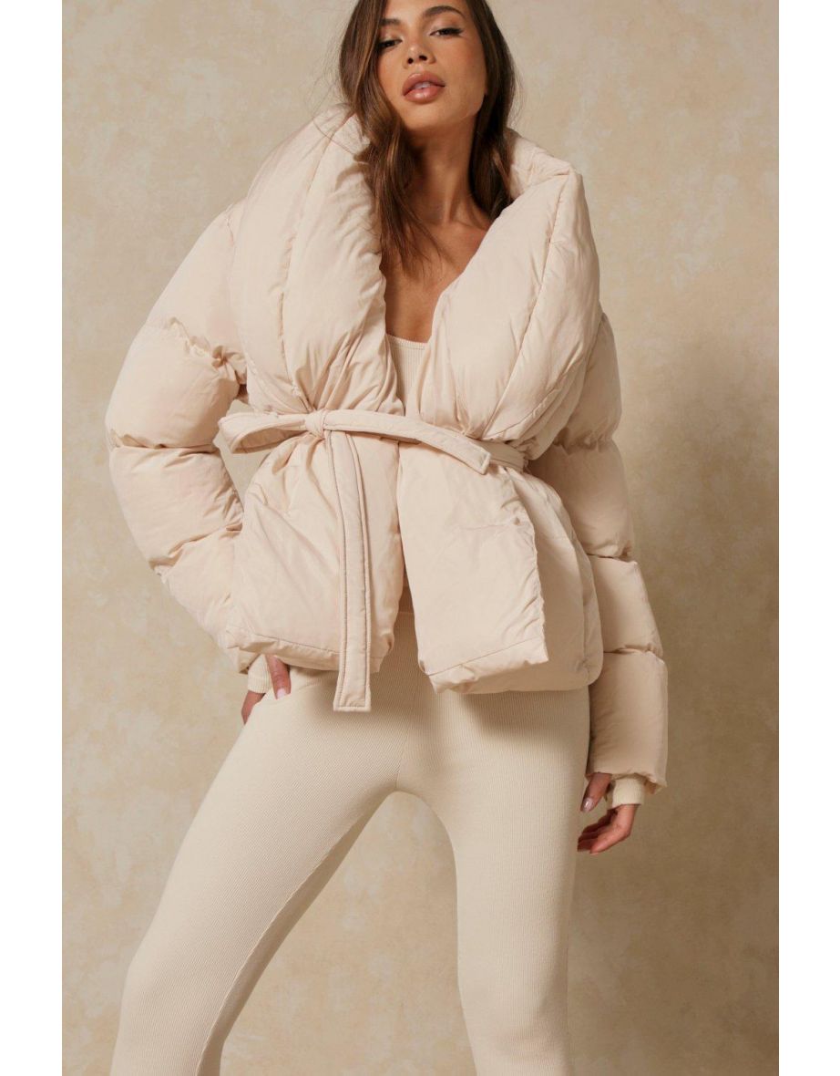 padded collar duvet belted puffer coat