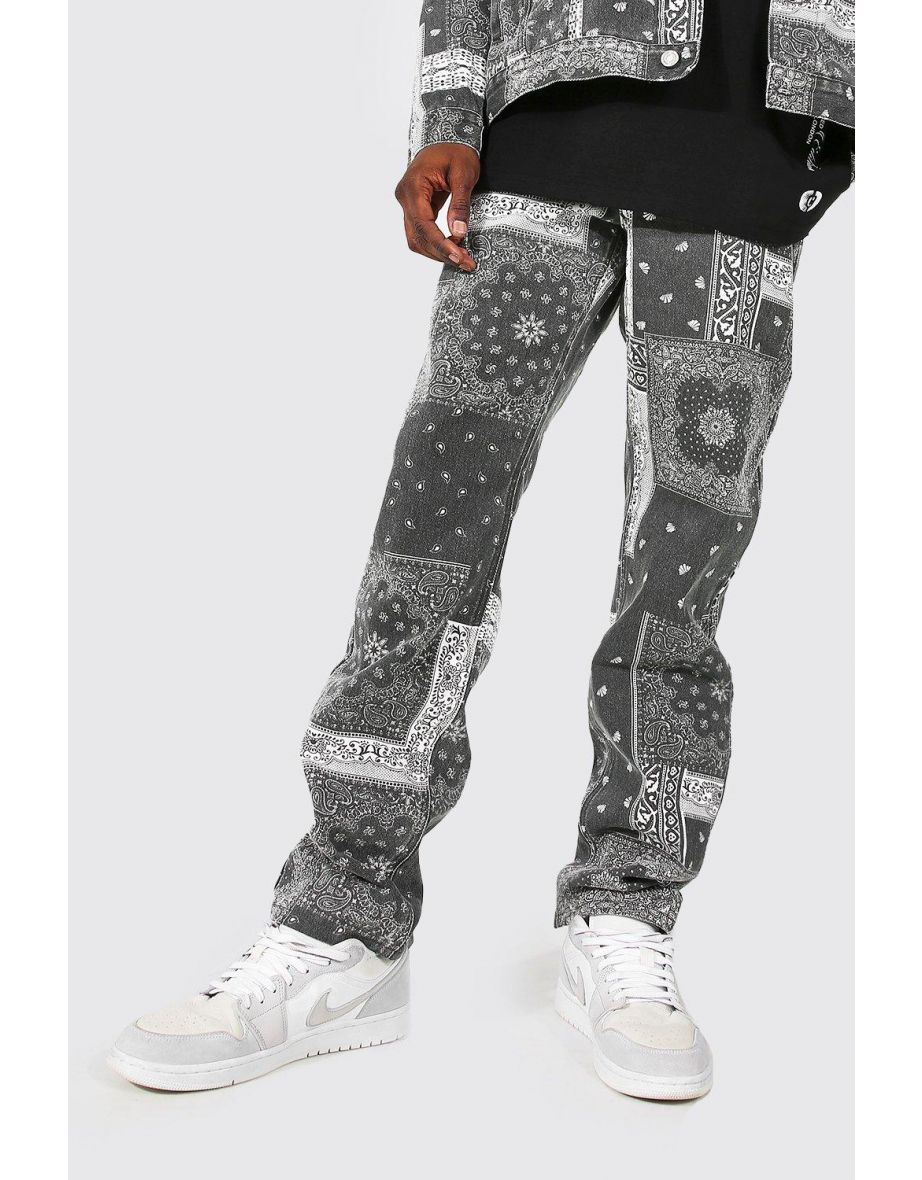 Relaxed Fit Washed Bandana Print Jeans - mid grey