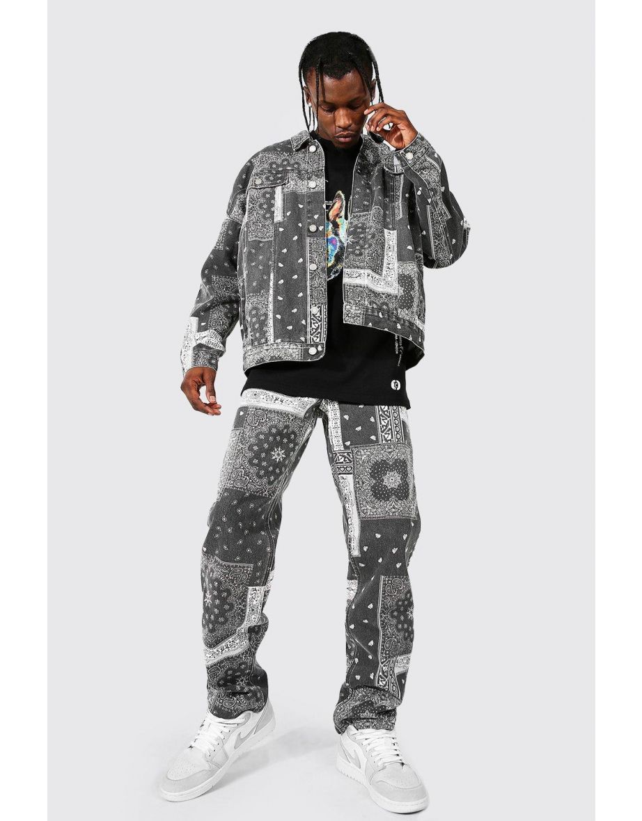Relaxed Fit Washed Bandana Print Jeans - mid grey - 2