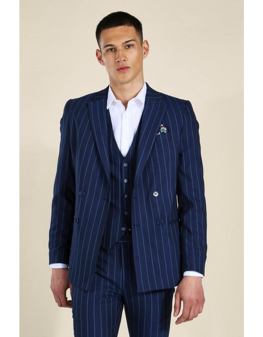 Skinny Navy Pinstripe Double Breasted Jacket - navy