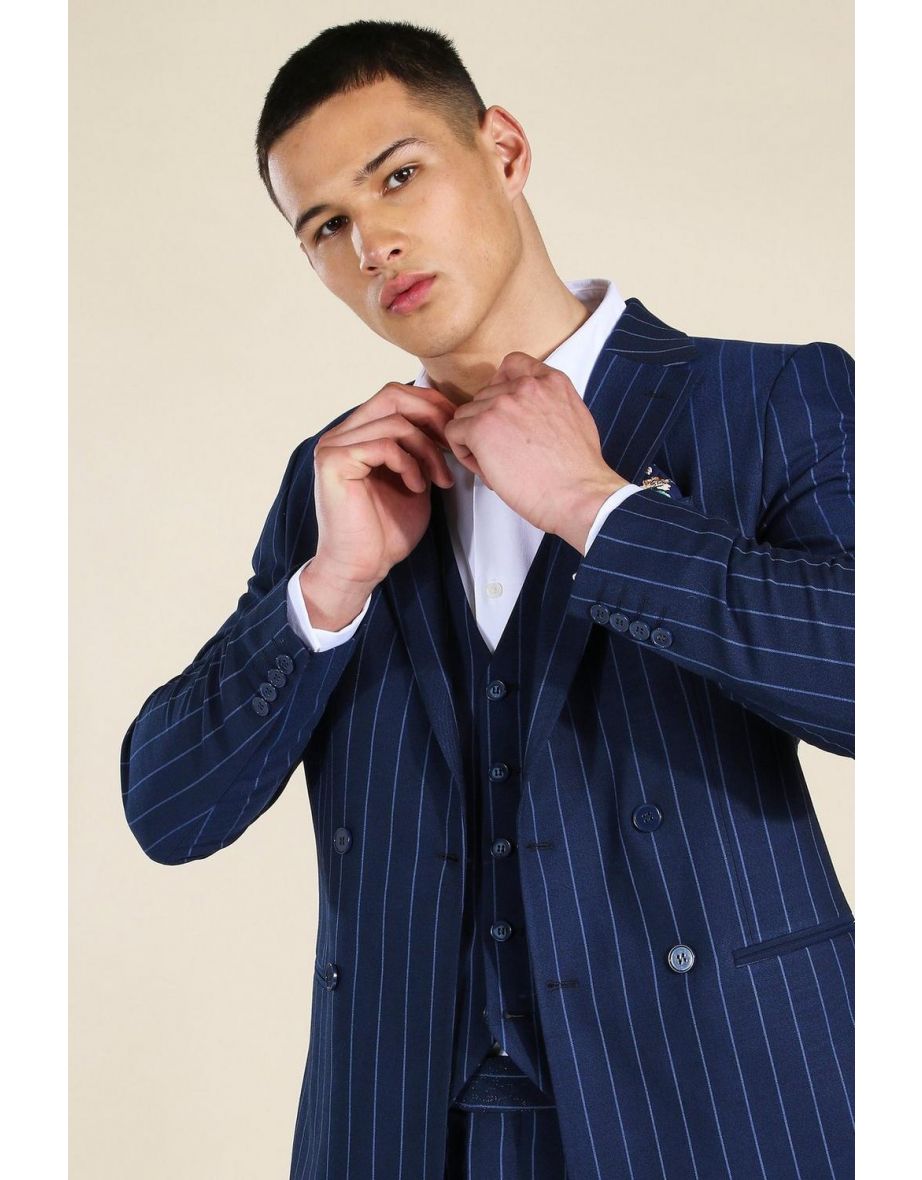 Skinny Navy Pinstripe Double Breasted Jacket - navy - 2