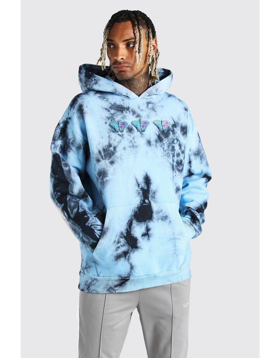 Oversized Butterfly Back Print Tie Dye Hoodie - blue - 2