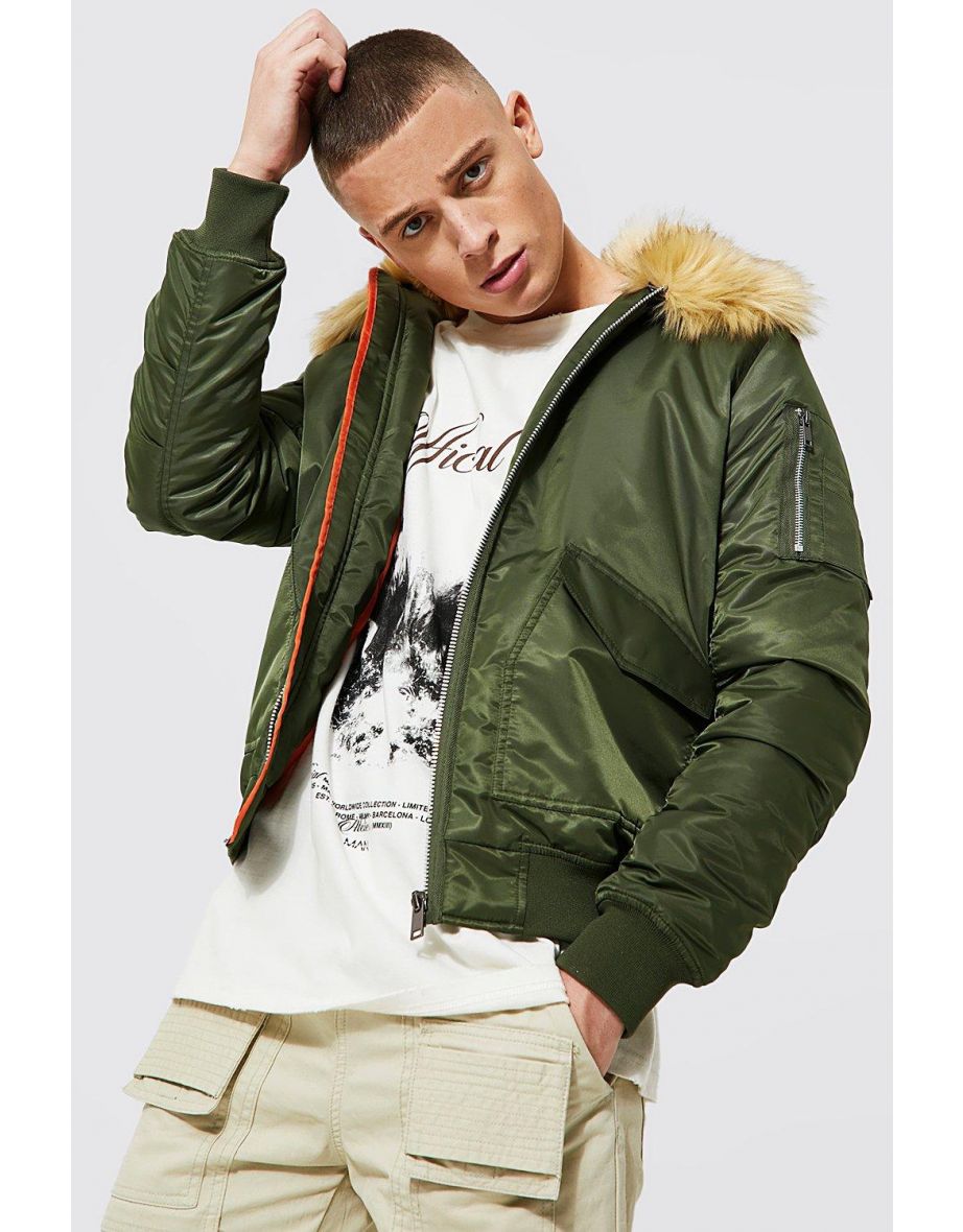 Padded MA1 Bomber With Faux Fur Collar - khaki