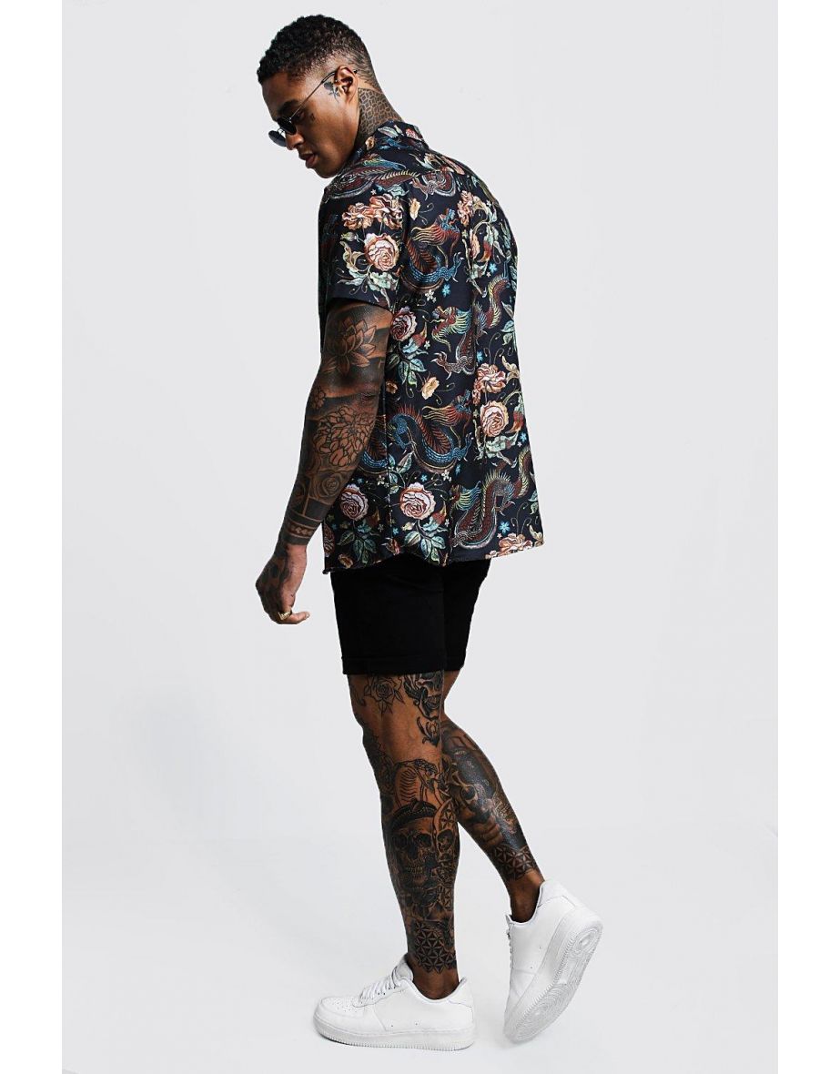 Dragon Print Short Sleeve Shirt - black - 1
