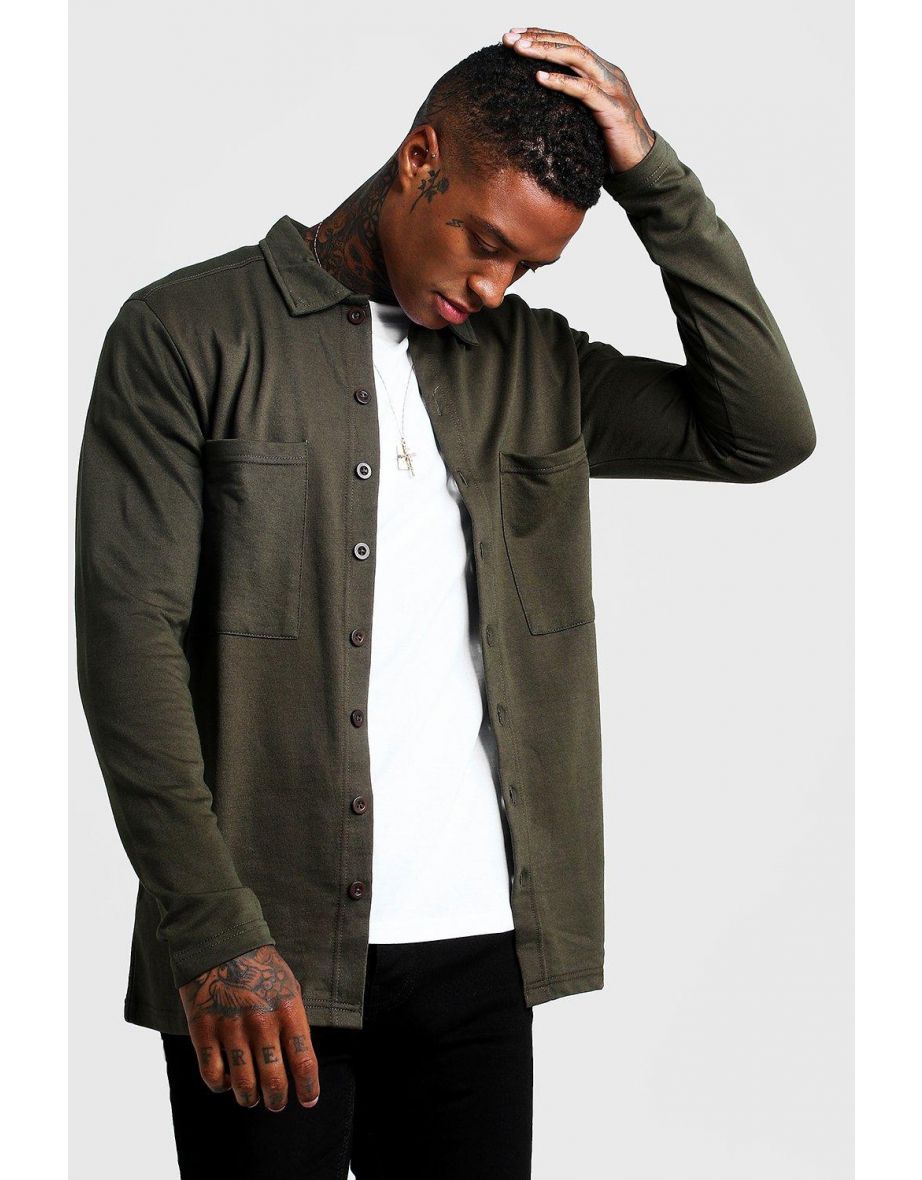 Jersey Utility Button Through Overshirt - khaki