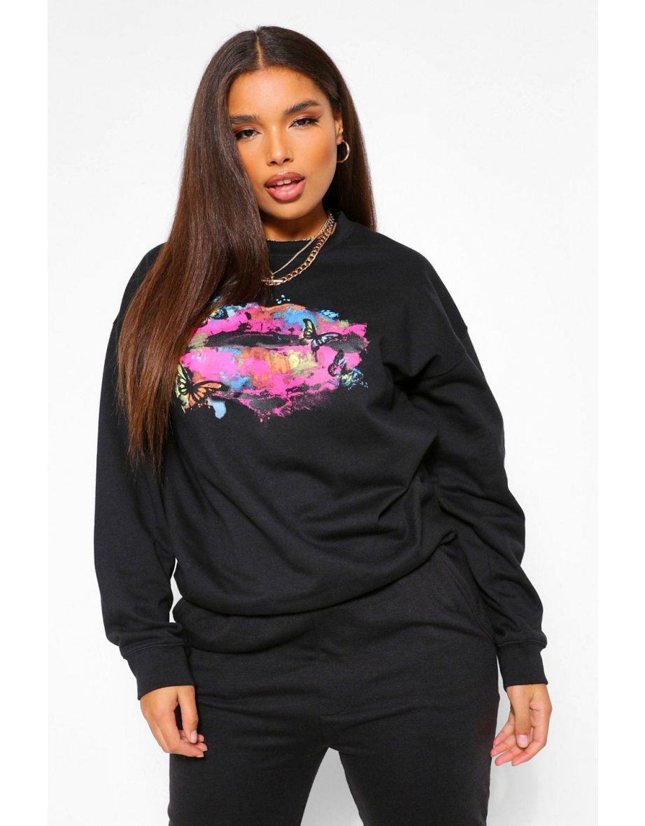 Plus Rainbow And Butterfly Lip Sweatshirt - black