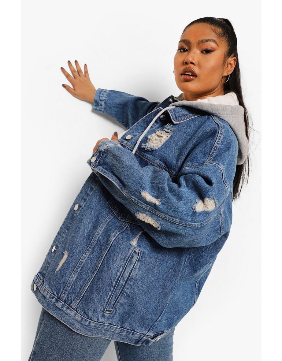 Plus Loopback Hooded Denim Distressed Jacket - mid blue - 3