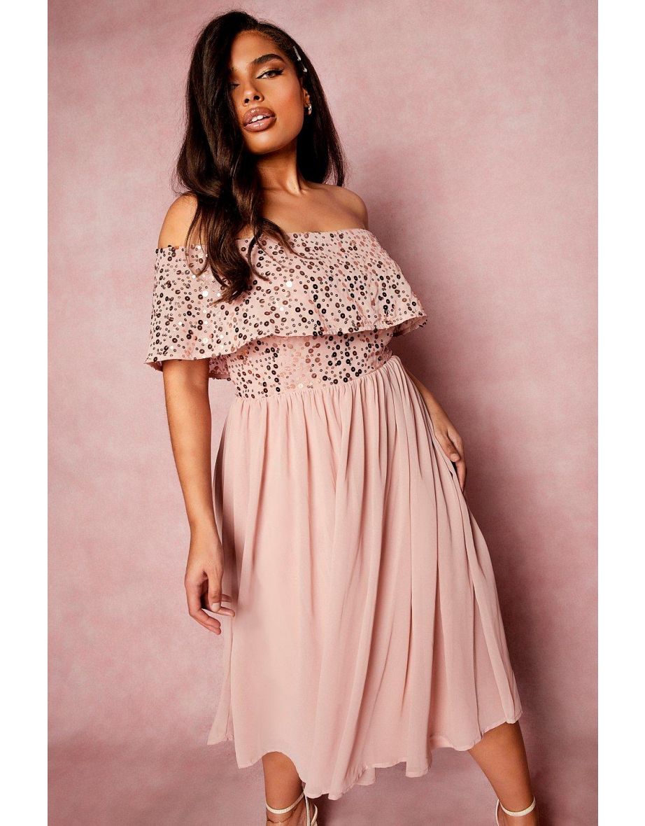 Plus Occasion Sequin Bardot Midi Dress - blush - 3
