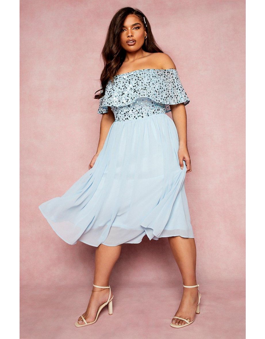 Plus Occasion Sequin Bardot Midi Dress - pastel blue - 3