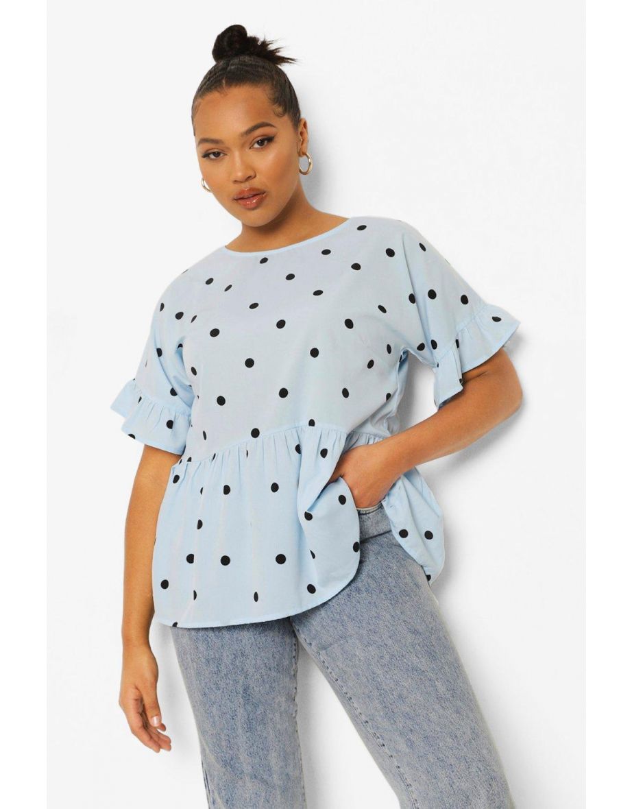 Plus Woven Cross Back Polka Dot Smock Top - blue