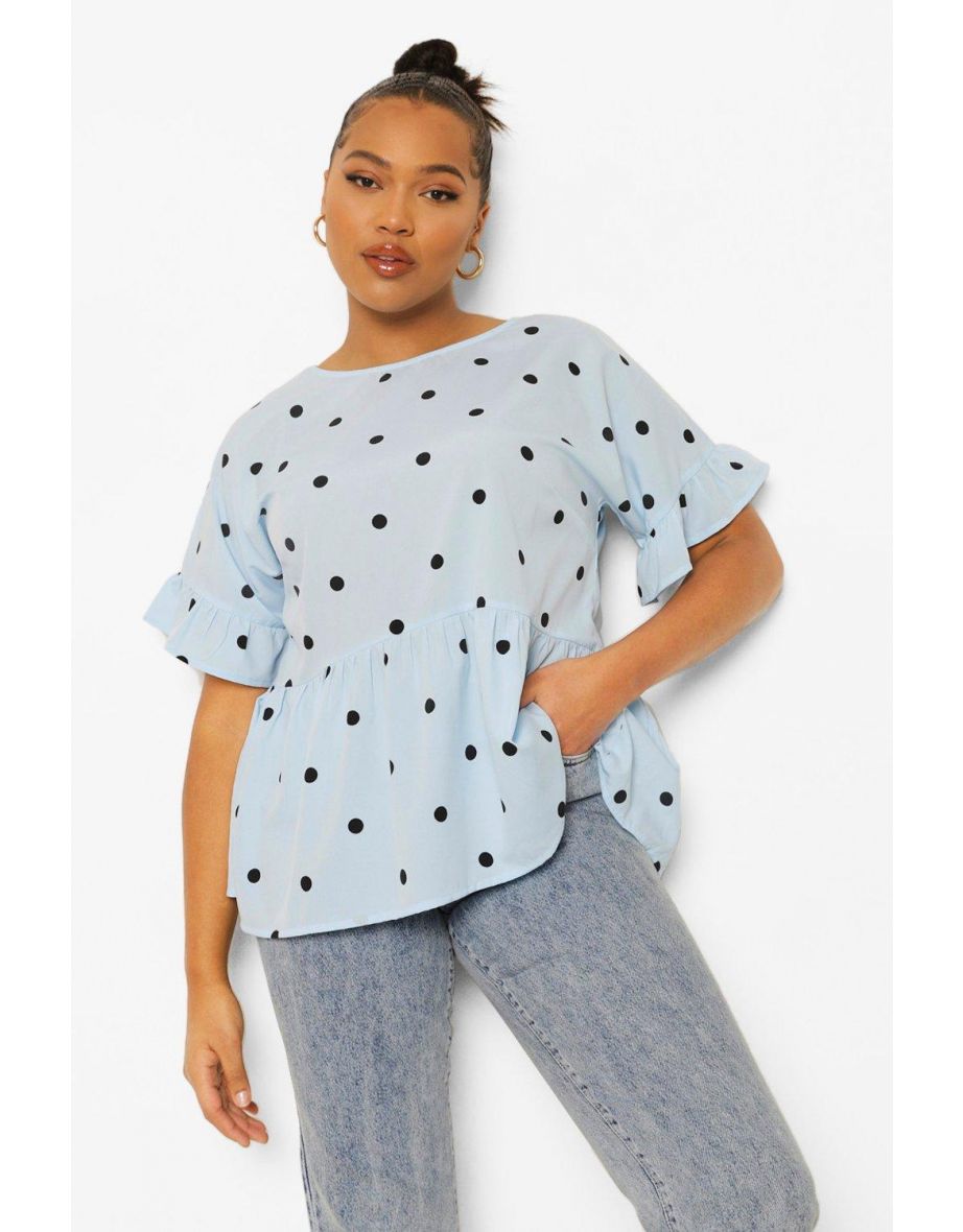 Plus Woven Cross Back Polka Dot Smock Top - blue - 3