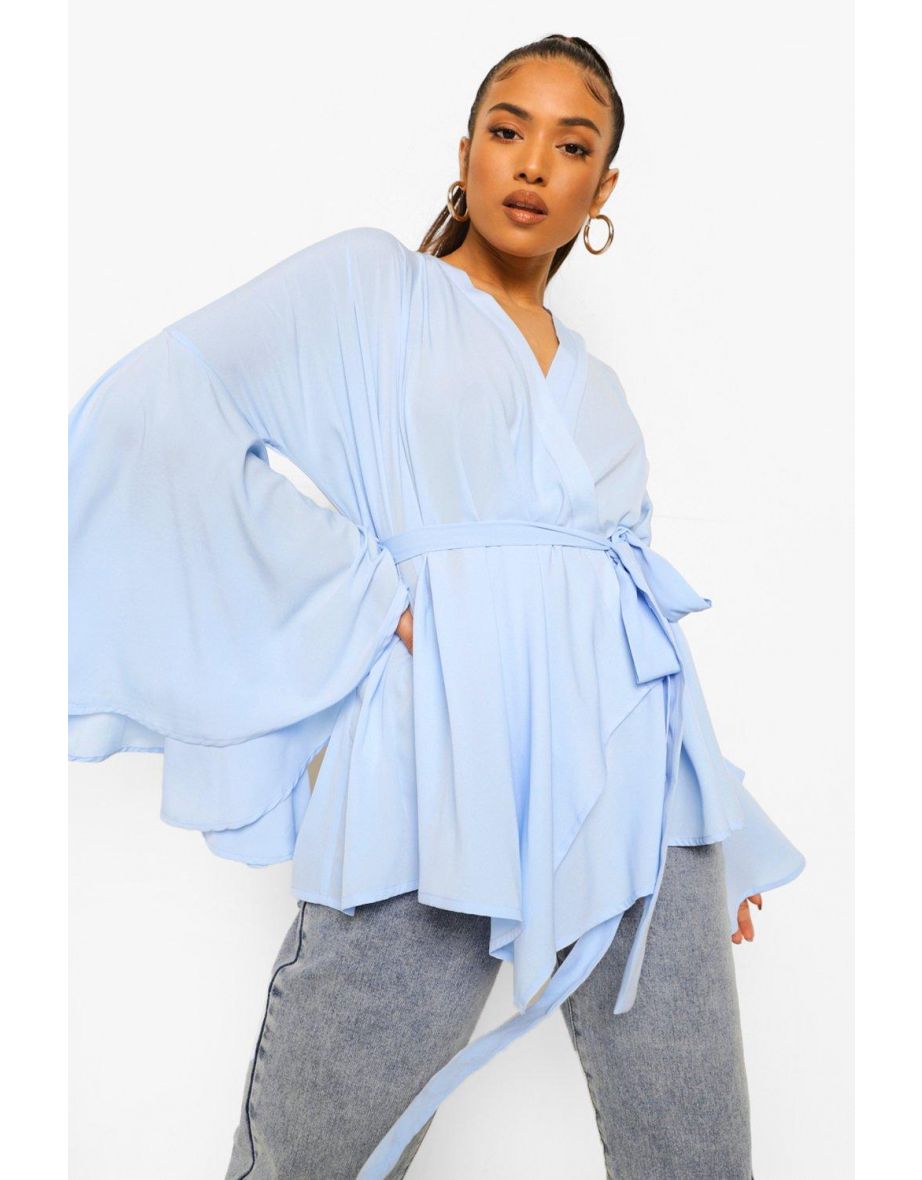 Petite Wrap Front Flare Sleeve Blouse - cornflower
