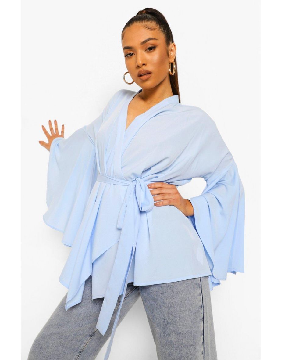 Petite Wrap Front Flare Sleeve Blouse - cornflower - 3