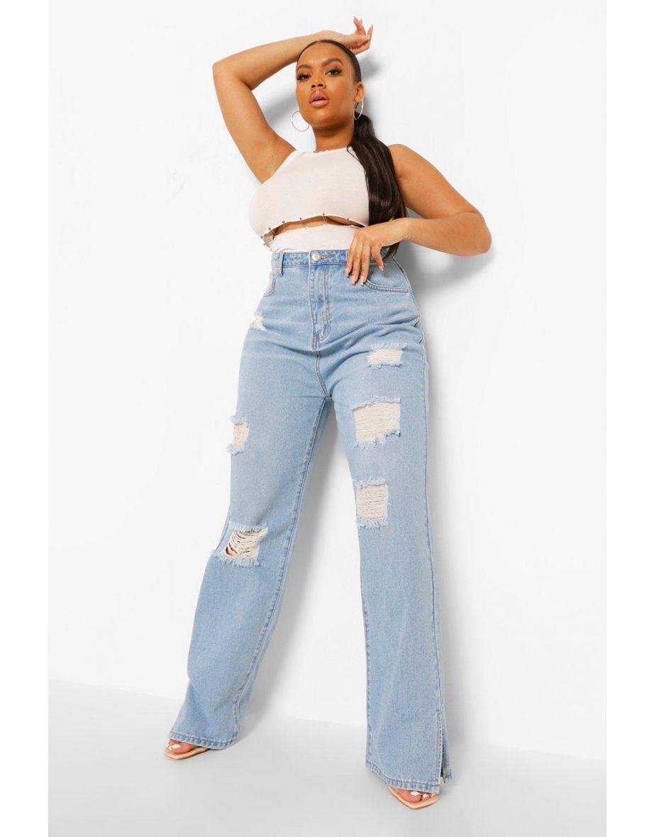 Plus High Waist Distressed Split Hem Jean - bleach wash