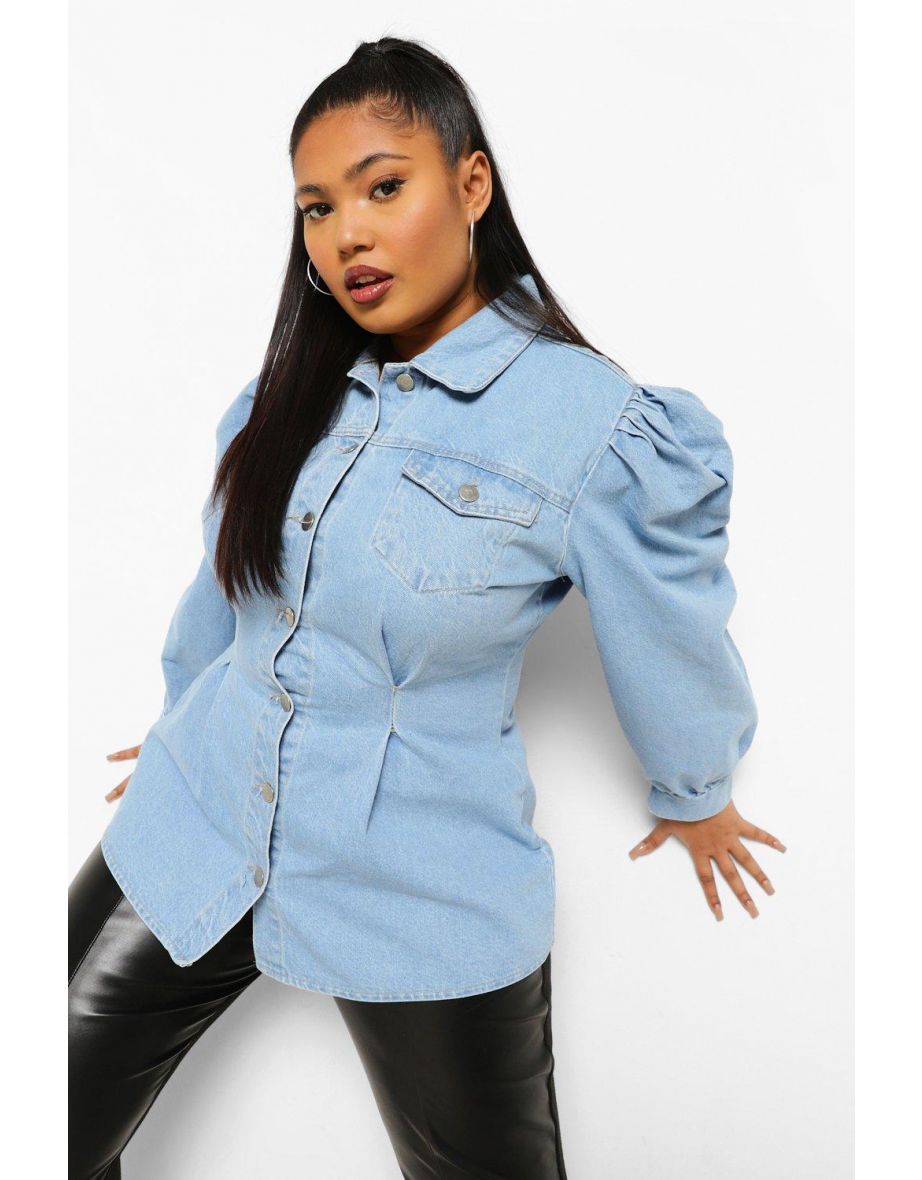 Plus Cinched Oversized Denim Shirt - light blue