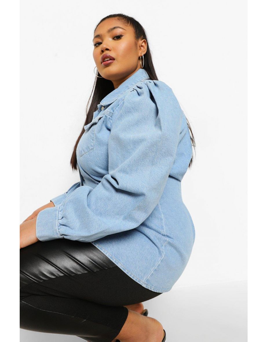 Plus Cinched Oversized Denim Shirt - light blue - 3