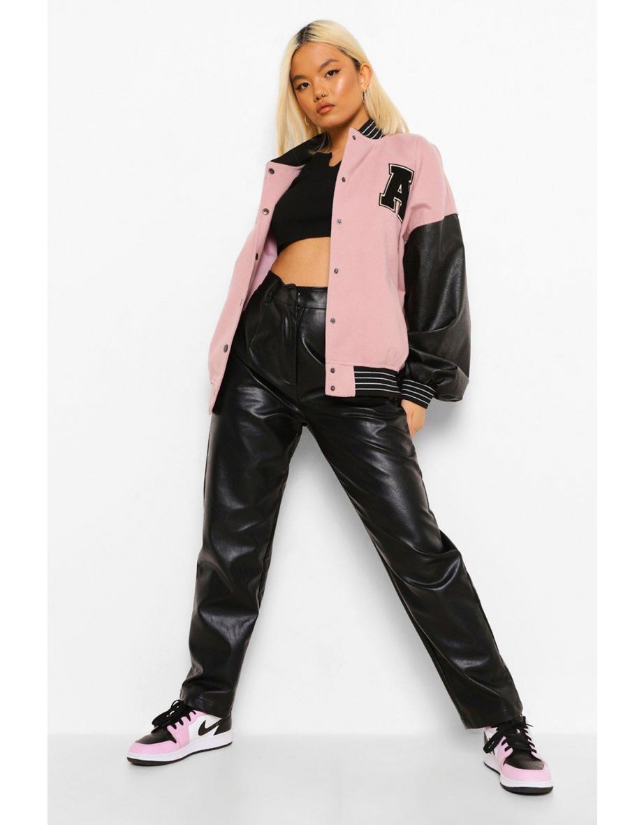 Petite Pu Sleeve Oversized Varsity Jacket - pink - 3