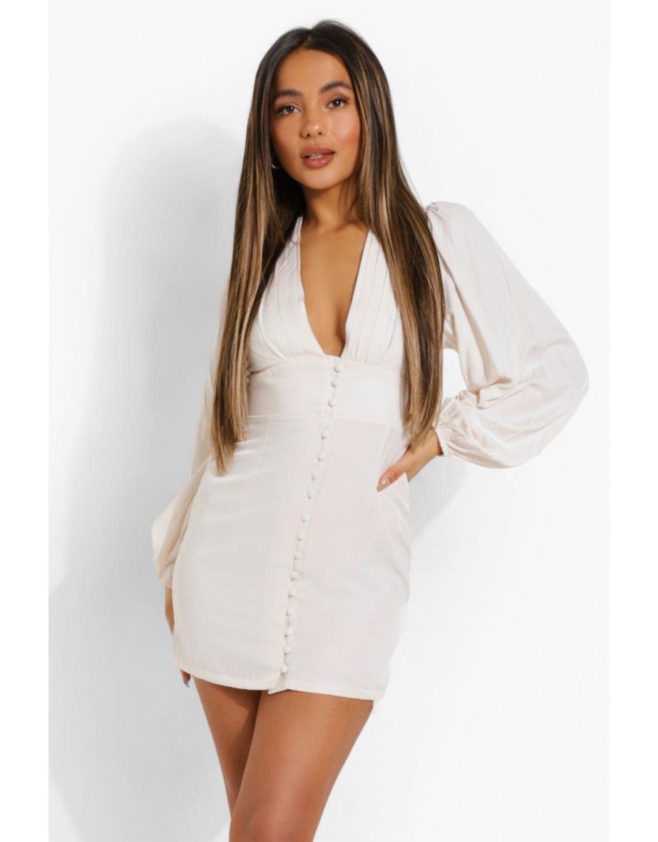 Petite Balloon Sleeve Plunge Mini Dress - white