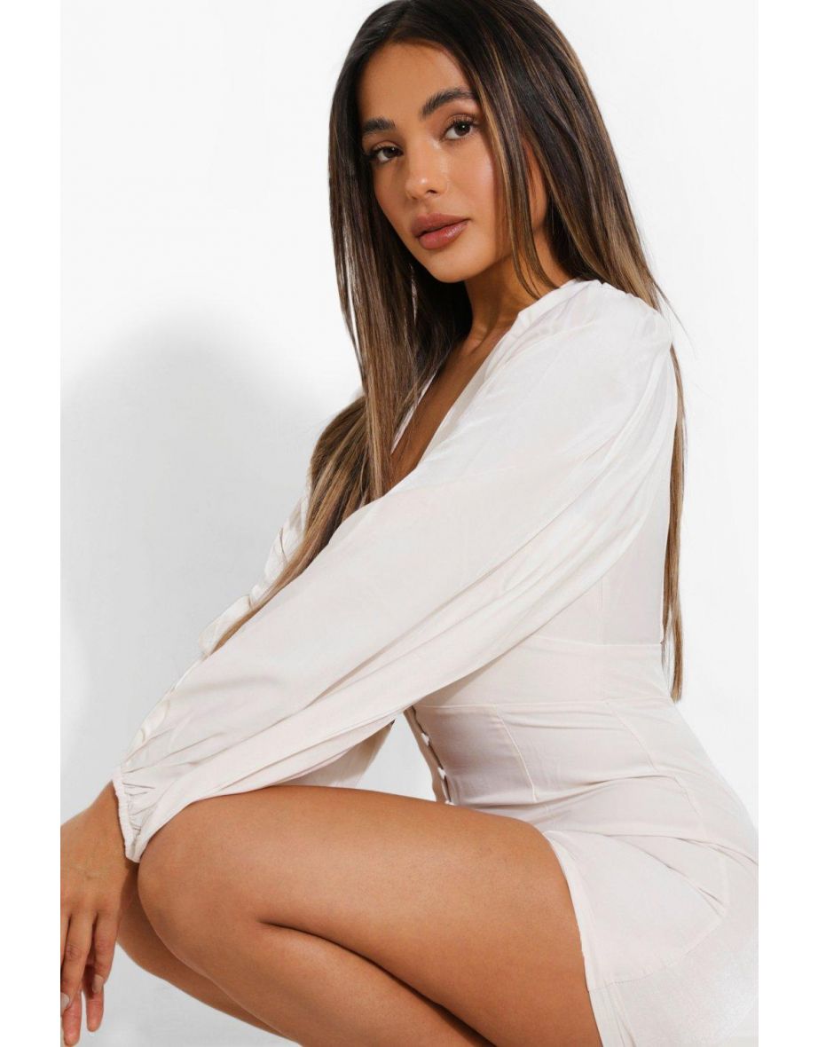 Petite Balloon Sleeve Plunge Mini Dress - white - 3