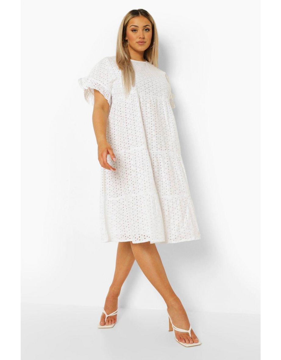 Plus Broderie Anglaise Tiered Midi Dress - white