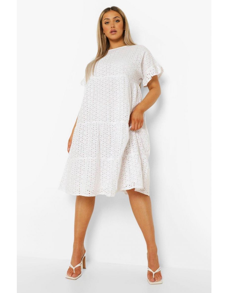 Plus Broderie Anglaise Tiered Midi Dress - white - 3