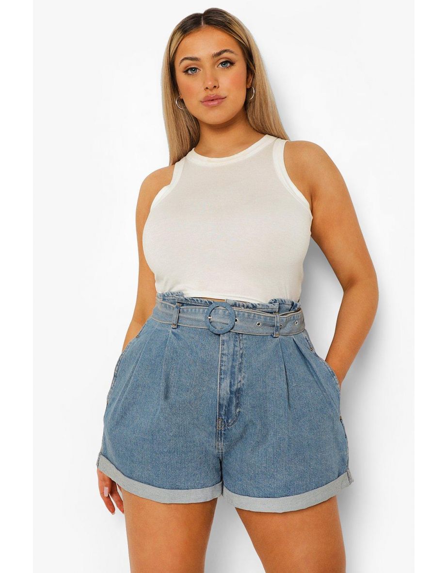 Plus Belted Paperbag Denim Shorts - mid blue