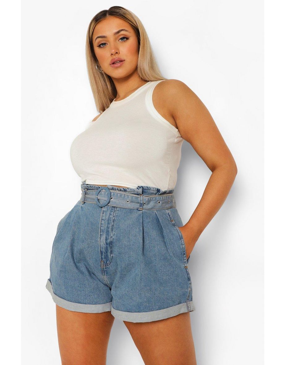 Plus Belted Paperbag Denim Shorts - mid blue - 3