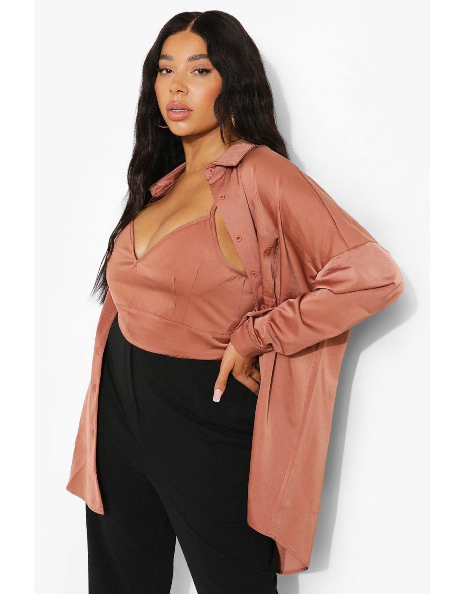 Plus Satin Bralet & Shirt Set - chocolate - 3