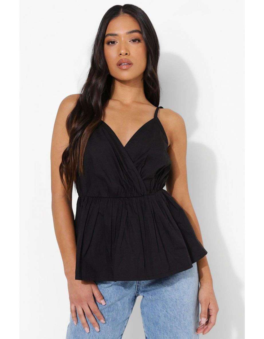 Petite Wrap Peplum Woven Cami - black