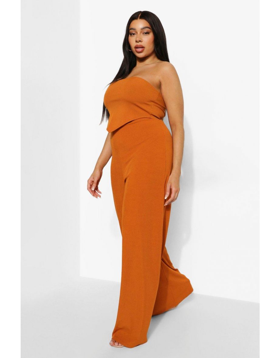 Plus Rib Wide Leg Trousers - toffee
