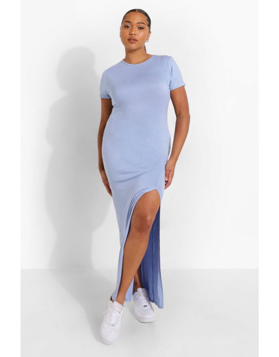 Plus Cap Sleeve Split Maxi Dress - light blue