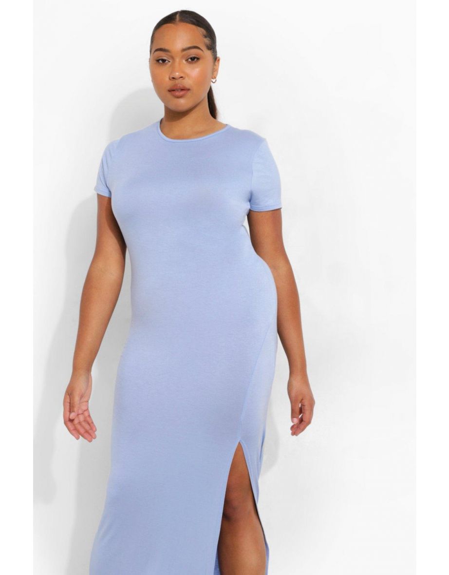 Plus Cap Sleeve Split Maxi Dress - light blue - 3