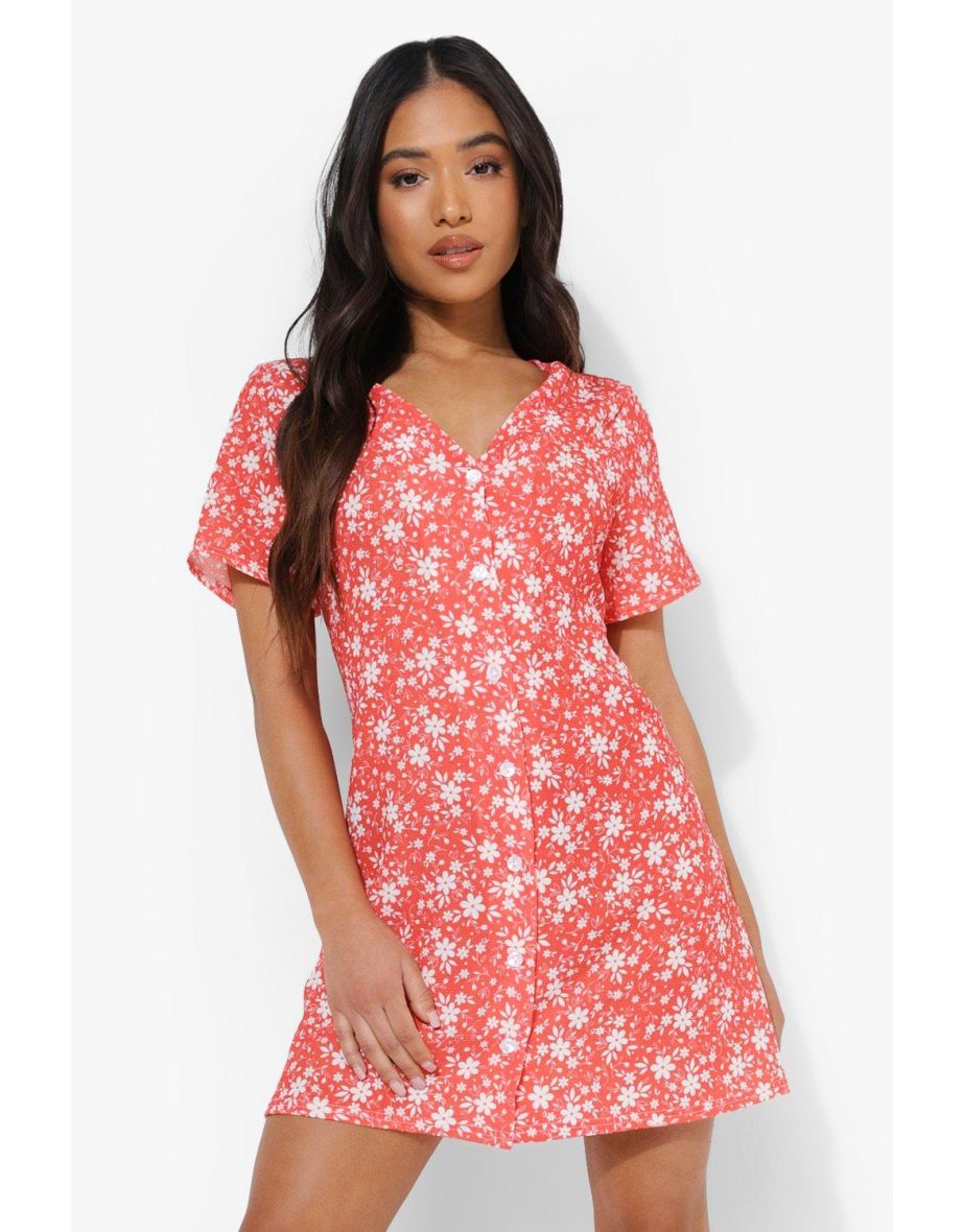 Petite Ditsy Woven Button Shift Dress - red