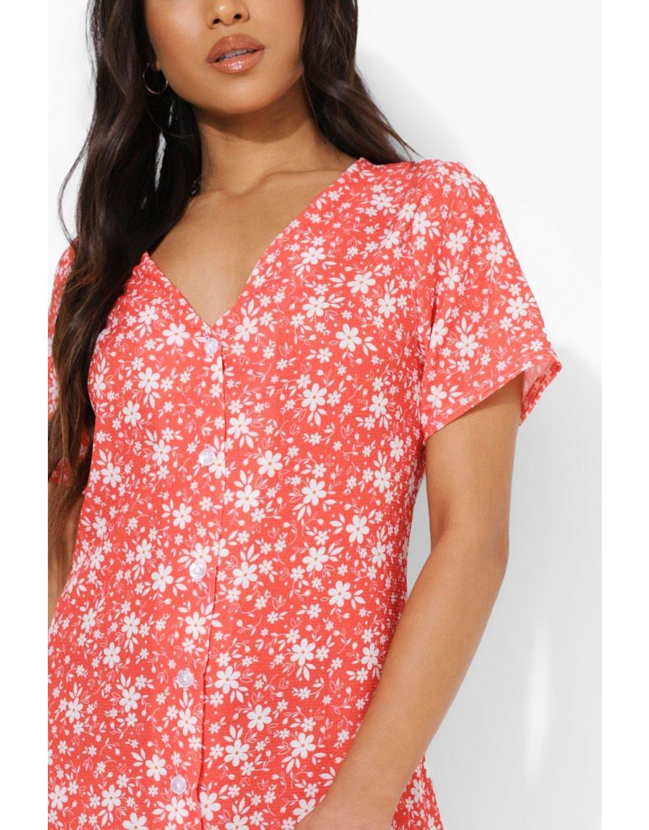 Petite Ditsy Woven Button Shift Dress - red - 3