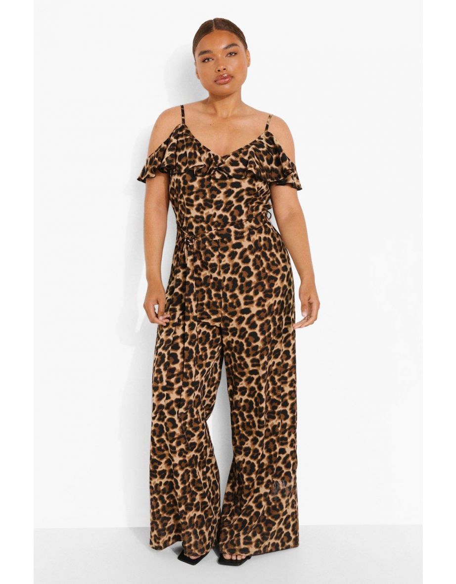 Plus Woven Frill Cold Shoulder Jumpsuit - leopard