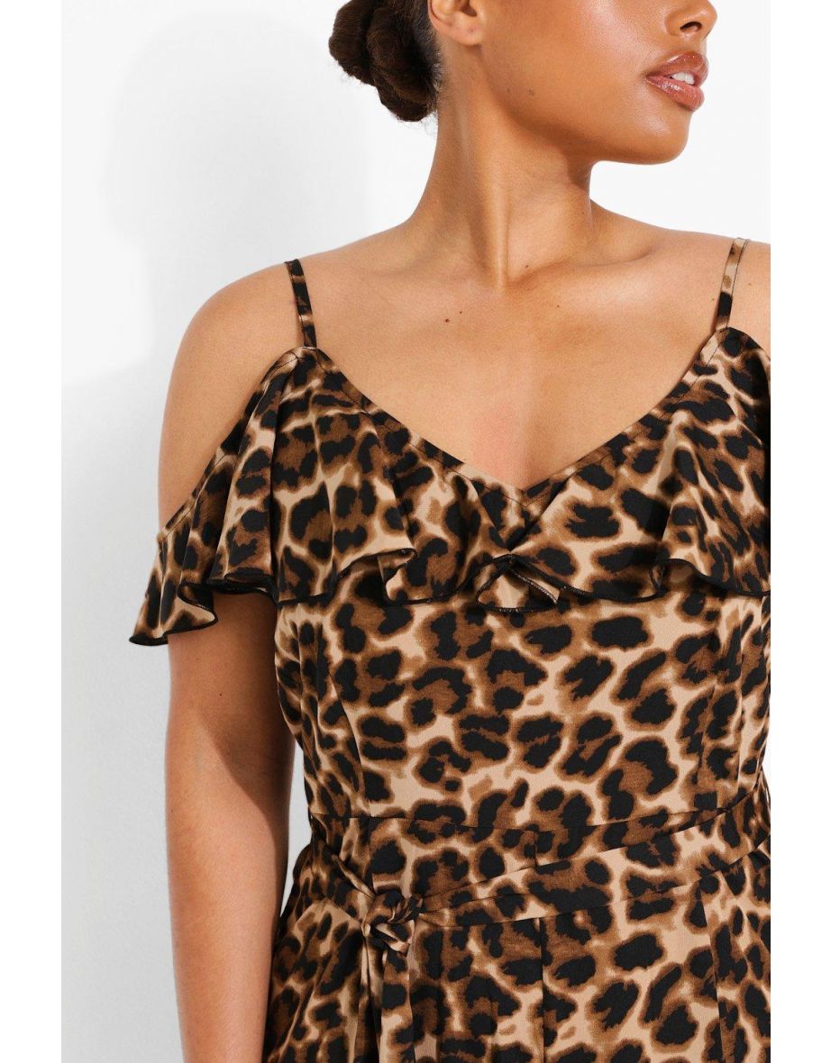 Plus Woven Frill Cold Shoulder Jumpsuit - leopard - 3