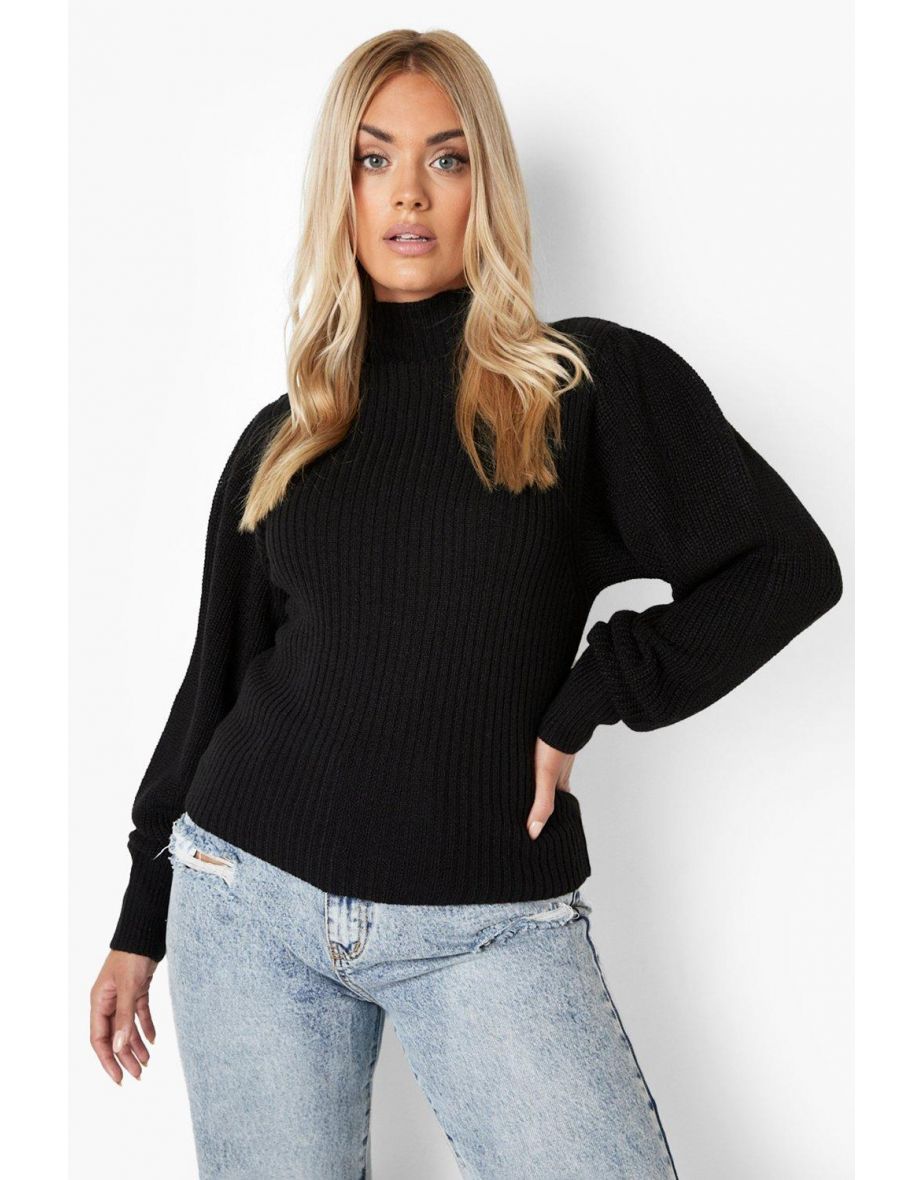 Plus Contrast Stitch Balloon Sleeve Jumper - black